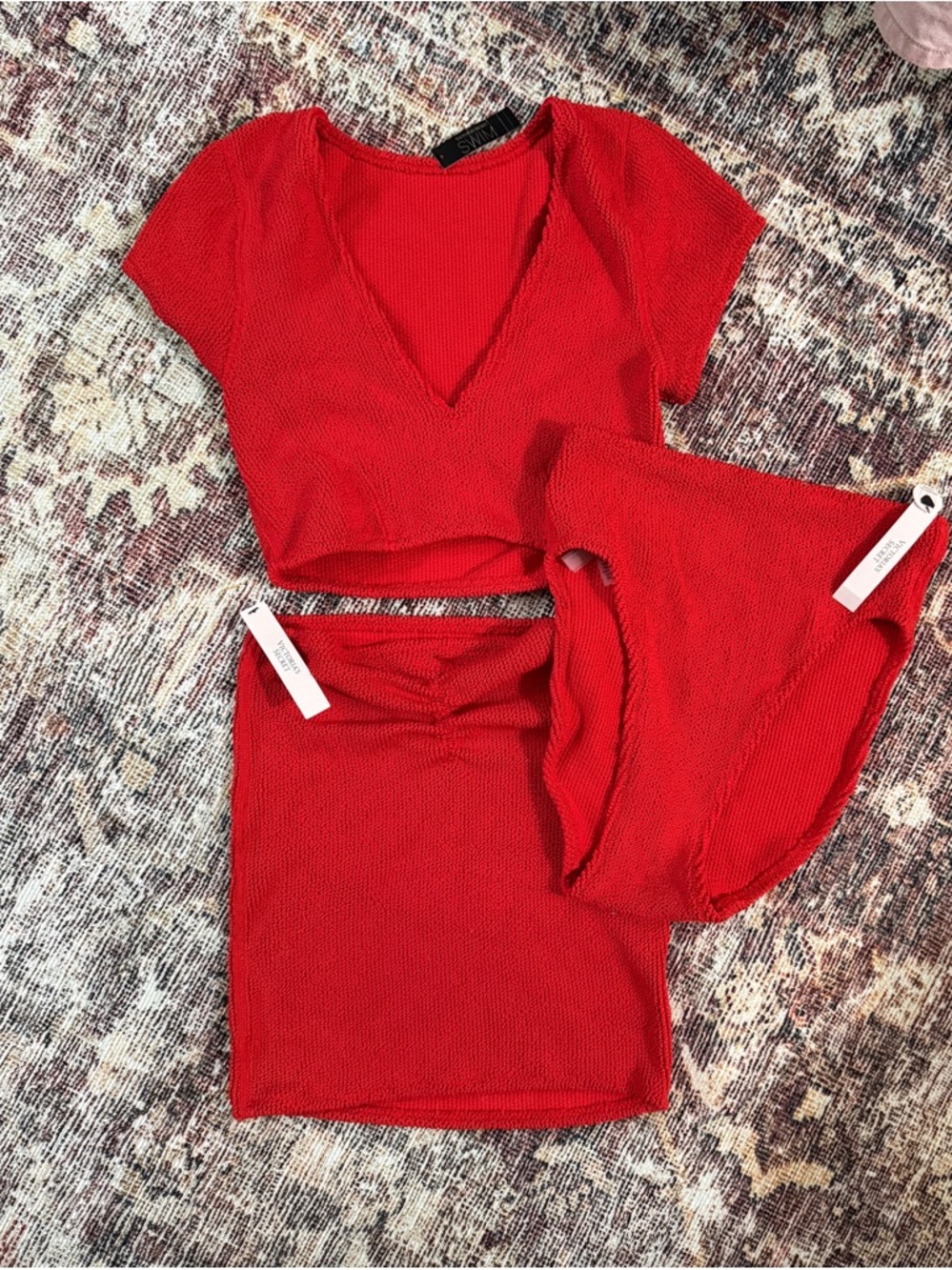 BNWT Victoria Secret Swim Crinkle Set- Red Swim Top, High-Waist Briefs & Skirt